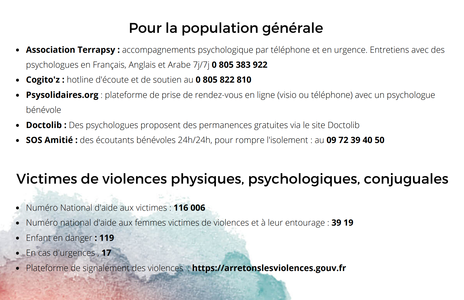 liste des lignes d'écoutes psychologique en France